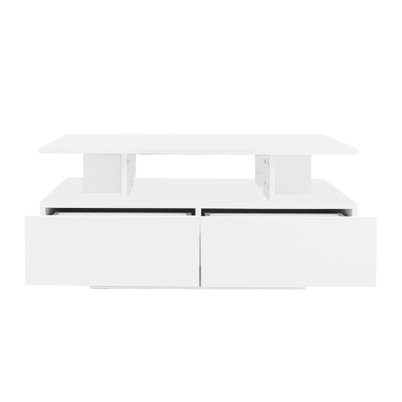 High-Gloss Coffee Table with Built-In LED Light and 2 Drawers, Minimalist Centre Table with Open Storage, 35.5'' L x 21.5'' W x 16'' H, White