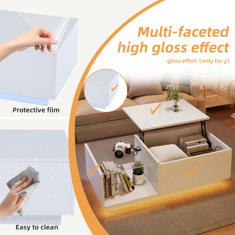 Lift-Up Coffee Table with App-Controlled LED Light and Half Glass Top, Modern Center Table for Living Room, 39.5" L x 19.5" W x 13" H, White