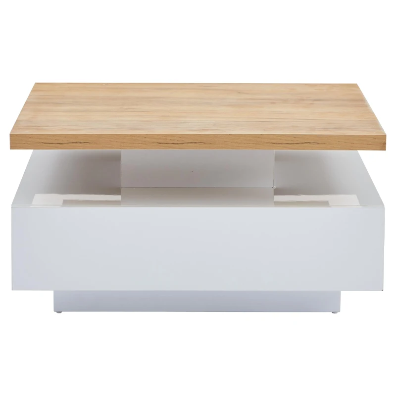Square Rotating Coffee Table with Double-Layer Storage, Multi-Use Center Table for Living Area, 27.5'' L x 27.5'' W x 14'' H, White+Oak