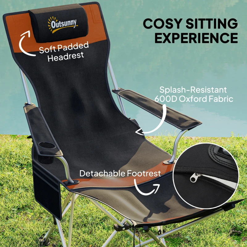 Outsunny Set of 2 Reclining Camping Chair with Foot Rest, Folding Camping Chair w/ Headrest, Cup Holder, Storage Bag, Orange