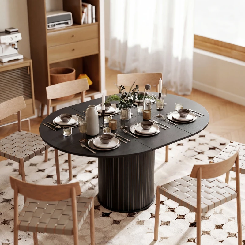 HOMCOM Extendable Kitchen Table for 6-8, 43.5"-59" Farmhouse Dining Table with Pedestal Base Black Wood Grain