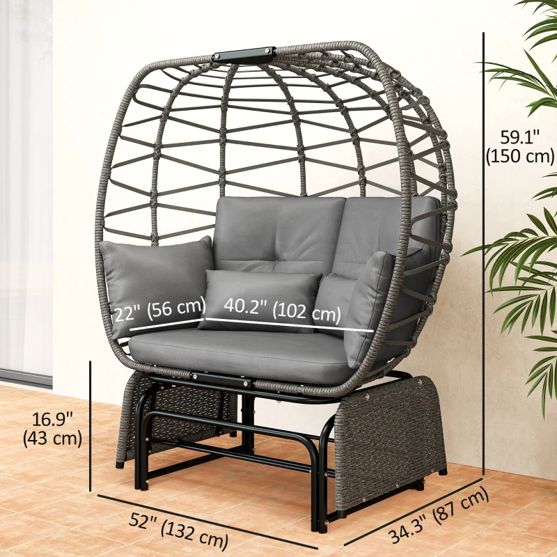 Outsunny Double Outdoor Glider Egg Chair, Outdoor Loveseat Glider with Cushions and Pillows, Dark Grey