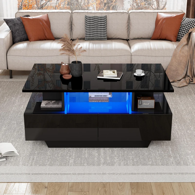 High-Gloss Coffee Table with LED Lighting and 2 Drawers, Versatile Centre Table with Open Storage, 35.5'' L x 21.5'' W x 16'' H, Black
