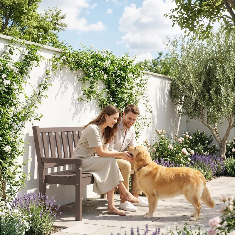 Outsunny 2-Person Garden Bench, HDPE Outdoor Bench with 530 lbs Capacity, Curved Seat for Backyard, Park, Porch, Lawn, Brown