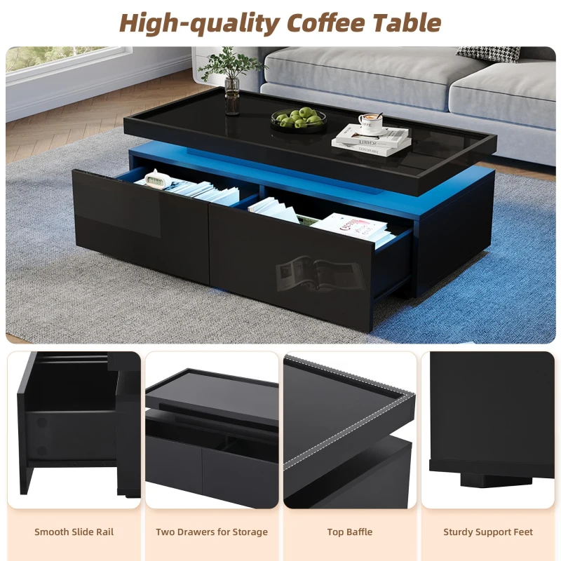 High-Gloss Coffee Table with App-Controlled LED Ambient Lighting, Functional Center Table for Living Room, 37.5" L x 17.5" W x 13.5" H, Black