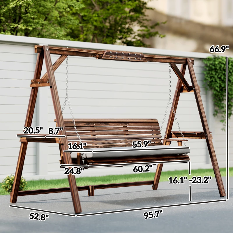 Outsunny 3 Seat Wooden Porch Swing with Stand, Patio Swing with Cushion, for Garden, Poolside, Backyard, Carbonized Brown
