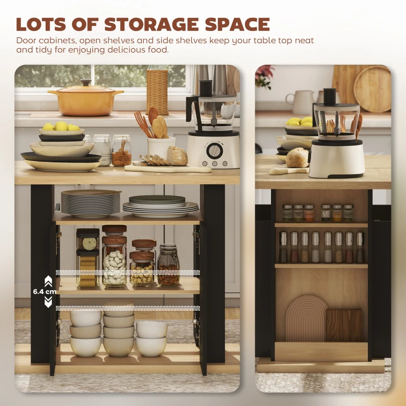 HOMCOM Kitchen Island Dining Table with Storage Cabinet, Large Tabletop for 4 People, 4-Door Cupboard & Shelves, Black