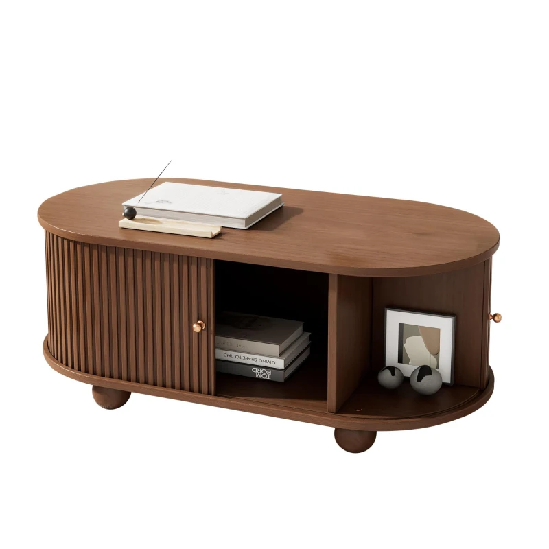 Wood Oval Coffee Table with Space-Saving Design, Stylish Center Table with Hidden Compartment, 39.5" L x 19.5" W x 15.5" H, Wood