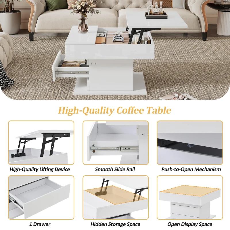 Rotating Lift-Top Coffee Table with Height-Adjustable Top, Space-Saving Side Table with Hidden Storage, 27.5'' L x 27.5'' W x 17.5'' H, White