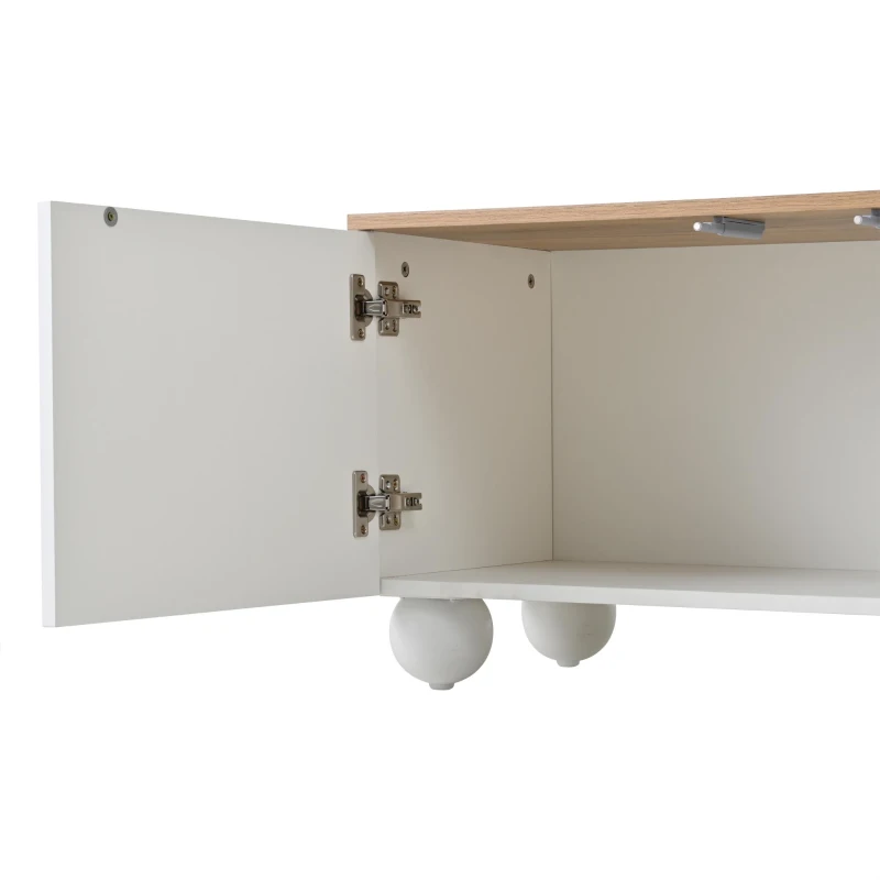 Stylish TV Stand with 4 Doors and Spherical Metal Legs, Sturdy TV Cabinet with Large Closed Storage, 71" L x 15.5" W x 17.5" H, White+Oak