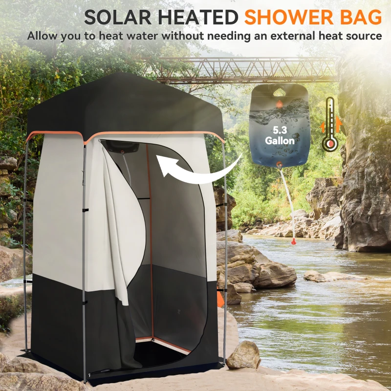 Outsunny Camping Shower Tent, Portable Privacy Shelter with Solar Shower Bag, Removable Floor and Carrying Bag, Black