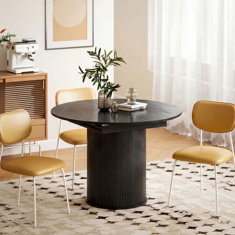 HOMCOM Extendable Kitchen Table for 6-8, 43.5"-59" Farmhouse Dining Table with Pedestal Base Black Wood Grain