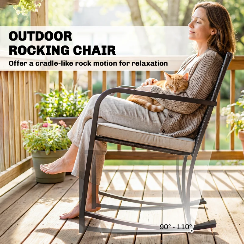 Outsunny 3 Pieces Rocking Bistro Set Outdoor Patio Furniture Set with Cushions, Glass Coffee Table for Balcony, Cream White