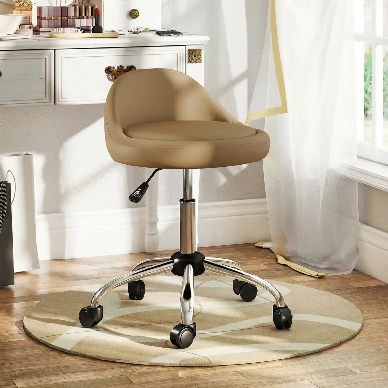 HOMCOM Salon Stool, Adjustable Rolling Stool, Light Brown