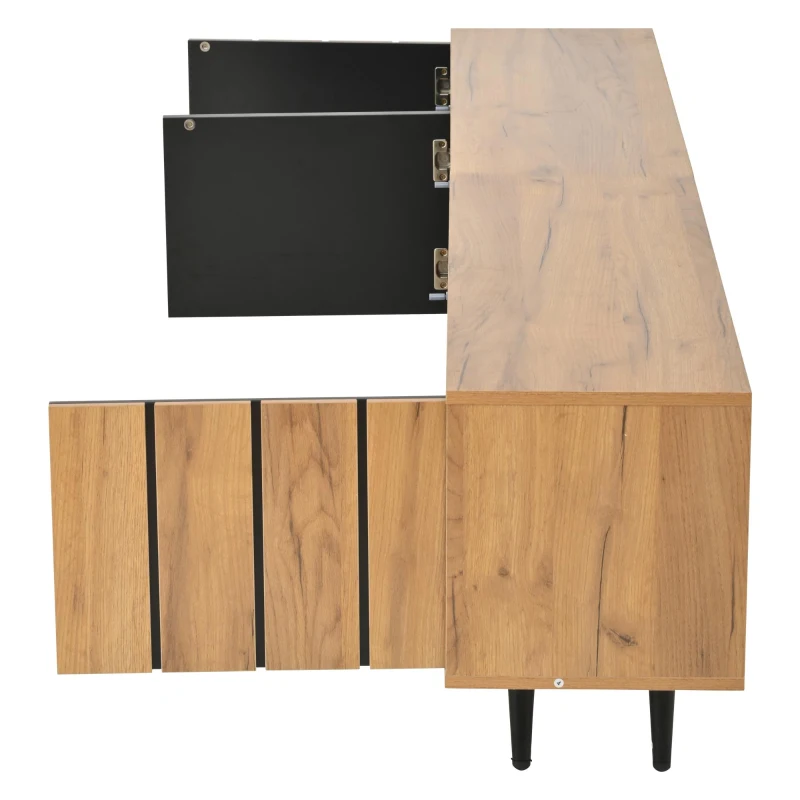 Sleek TV Stand with 3 Doors and 2-Tier Tempered-Glass Shelf, Slim TV Cabinet with Hidden Storage, 69" L x 12.5" W x 17.5" H, Natural Wood