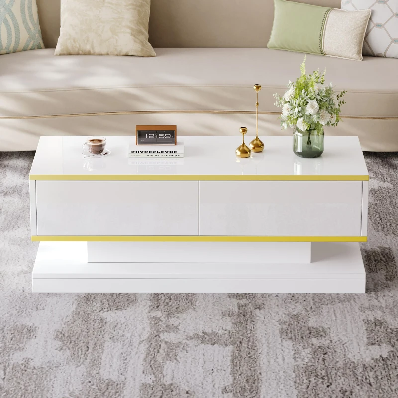 Space-Saving Coffee Table with Bottom-Slide Drawers, High-Gloss Centre Table for Living Room and Office, 39.5'' L x 19.5'' W x 15'' H, White