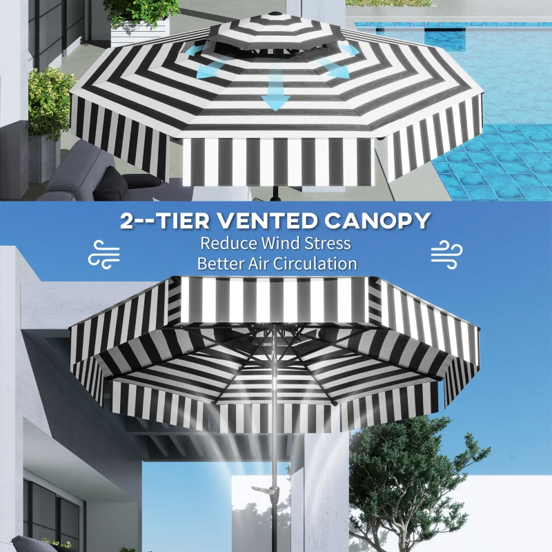 Outsunny 8.6FT Patio Umbrella, UPF 30+ Outdoor Market Umbrella, 2-Tier Vented Patio Table Umbrella with Crank 8 Ribs, Tiltable Porch Umbrella for Garden Deck Poolside, Black