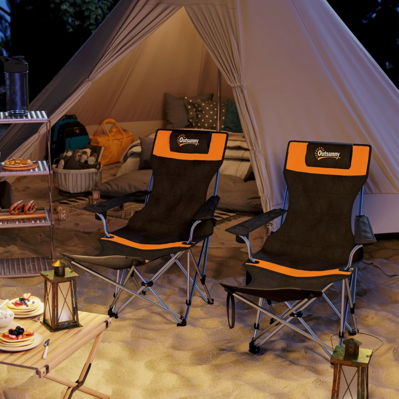 Outsunny Set of 2 Reclining Camping Chair with Foot Rest, Folding Camping Chair w/ Headrest, Cup Holder, Storage Bag, Orange