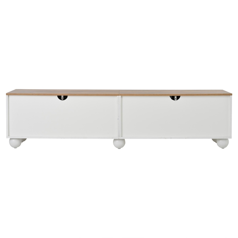 Stylish TV Stand with 4 Doors and Spherical Metal Legs, Sturdy TV Cabinet with Large Closed Storage, 71" L x 15.5" W x 17.5" H, White+Oak