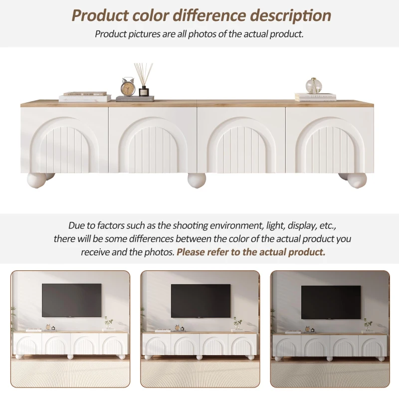 Stylish TV Stand with 4 Doors and Spherical Metal Legs, Sturdy TV Cabinet with Large Closed Storage, 71" L x 15.5" W x 17.5" H, White+Oak