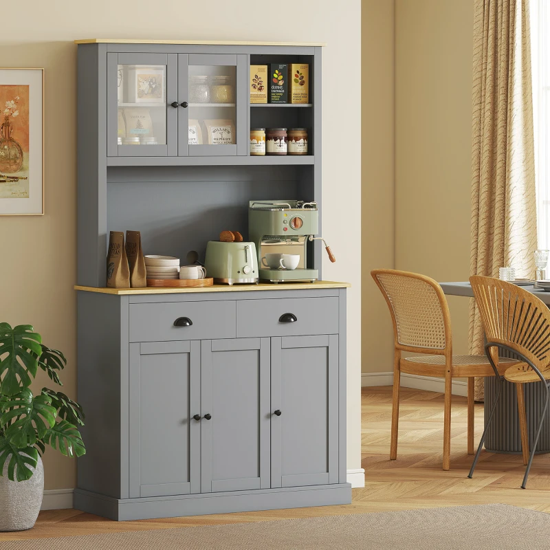 HOMCOM Freestanding Kitchen Cabinet, 71" Tall Pantry Cabinet, Modern Hutch with Wide Countertop, Adjustable Shelves, Gray