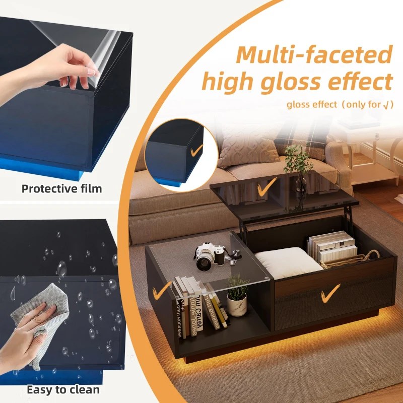 Lift-Up Coffee Table with App-Controlled LED Light and Half Glass Top, Modern Center Table for Living Room, 39.5" L x 19.5" W x 13" H, Black
