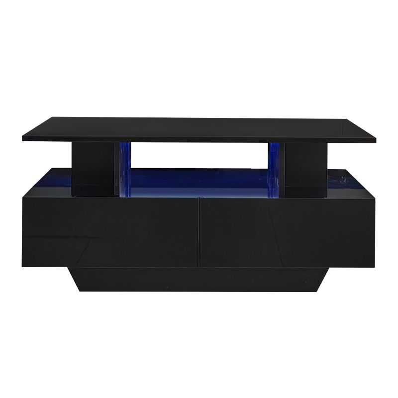 High-Gloss Coffee Table with LED Lighting and 2 Drawers, Versatile Centre Table with Open Storage, 35.5'' L x 21.5'' W x 16'' H, Black