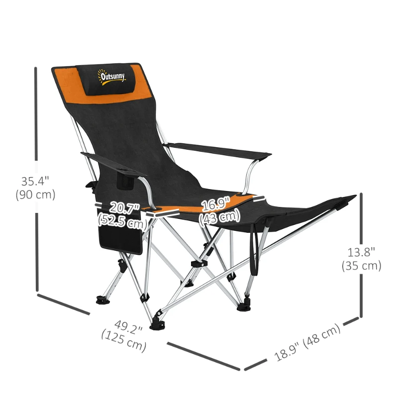 Outsunny Set of 2 Reclining Camping Chair with Foot Rest, Folding Camping Chair w/ Headrest, Cup Holder, Storage Bag, Orange