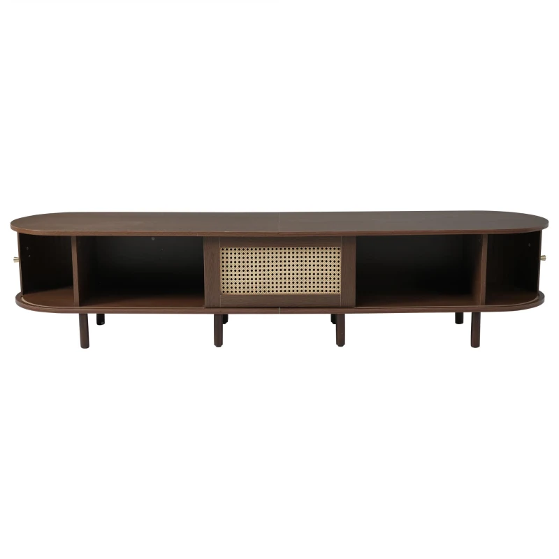 Minimalist TV Stand with Rattan Drawer and 2 Sliding Doors, Oval Media Console with Space-Saving Top, 71'' L x 15.5'' W x 15.5'' H, Dark Oak