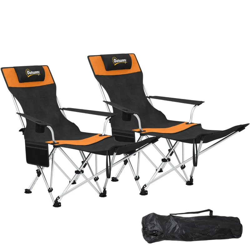 Outsunny Set of 2 Reclining Camping Chair with Foot Rest, Folding Camping Chair w/ Headrest, Cup Holder, Storage Bag, Orange
