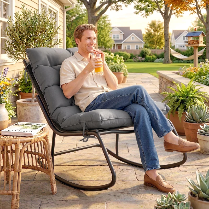 Outsunny Outdoor Rocking Chair, Oversized Rocking Patio Chair with 25" Extra Wide Mesh Seat and Cushion, Dark Grey