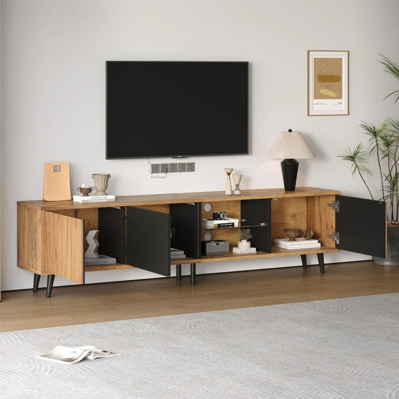 Sleek TV Stand with 3 Doors and 2-Tier Tempered-Glass Shelf, Slim TV Cabinet with Hidden Storage, 69" L x 12.5" W x 17.5" H, Natural Wood