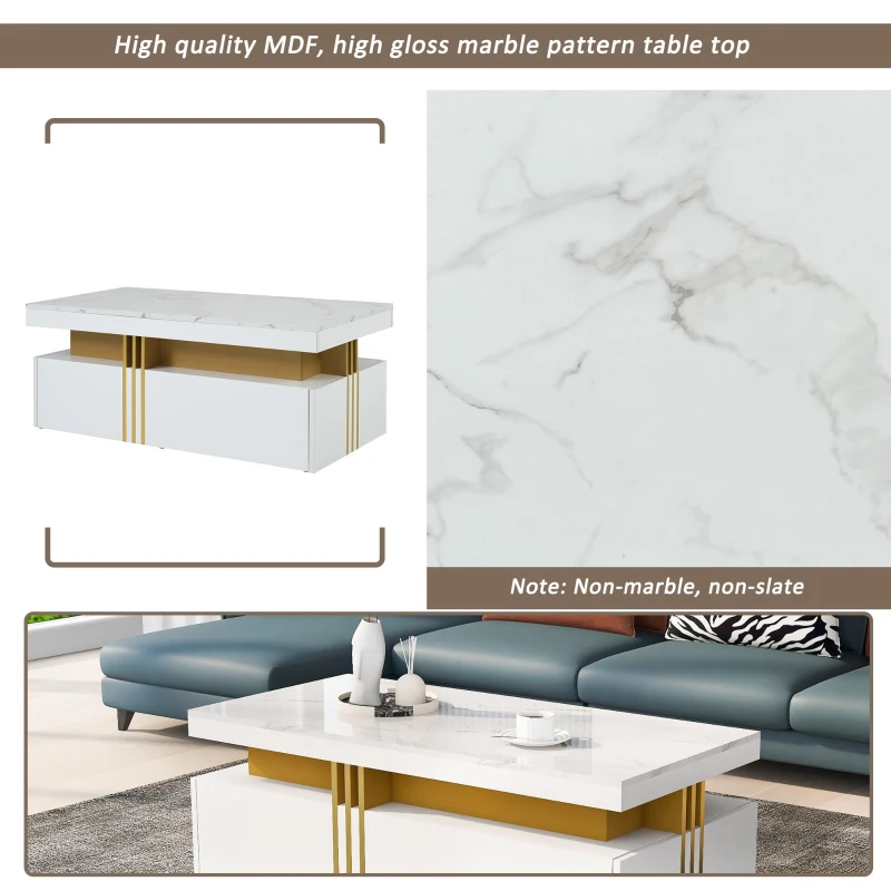 Minimalist Coffee Table with 2 Drawers and High-Gloss Finish, Multi-Use Side Table for Living Spaces, 39.5'' L x 19.5'' W x 15.5'' H, White