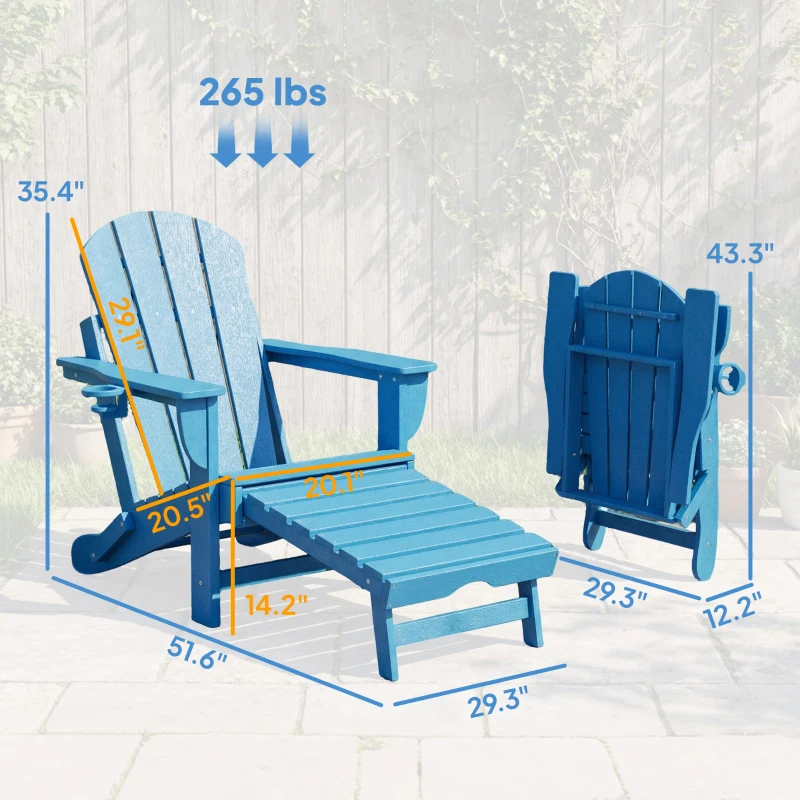 Outsunny Folding Adirondack Chair Set of 2, HDPE Fire Pit Chair with Retractable Ottoman and Cup Holder, Blue
