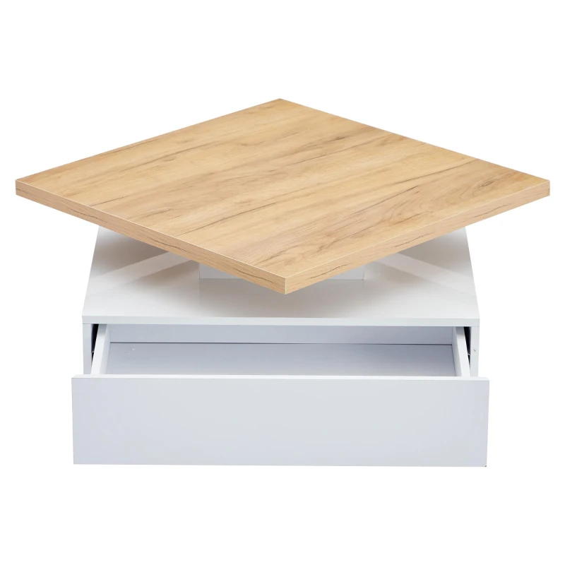 Square Rotating Coffee Table with Double-Layer Storage, Multi-Use Center Table for Living Area, 27.5'' L x 27.5'' W x 14'' H, White+Oak