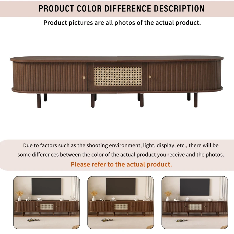 Minimalist TV Stand with Rattan Drawer and 2 Sliding Doors, Oval Media Console with Space-Saving Top, 71'' L x 15.5'' W x 15.5'' H, Dark Oak
