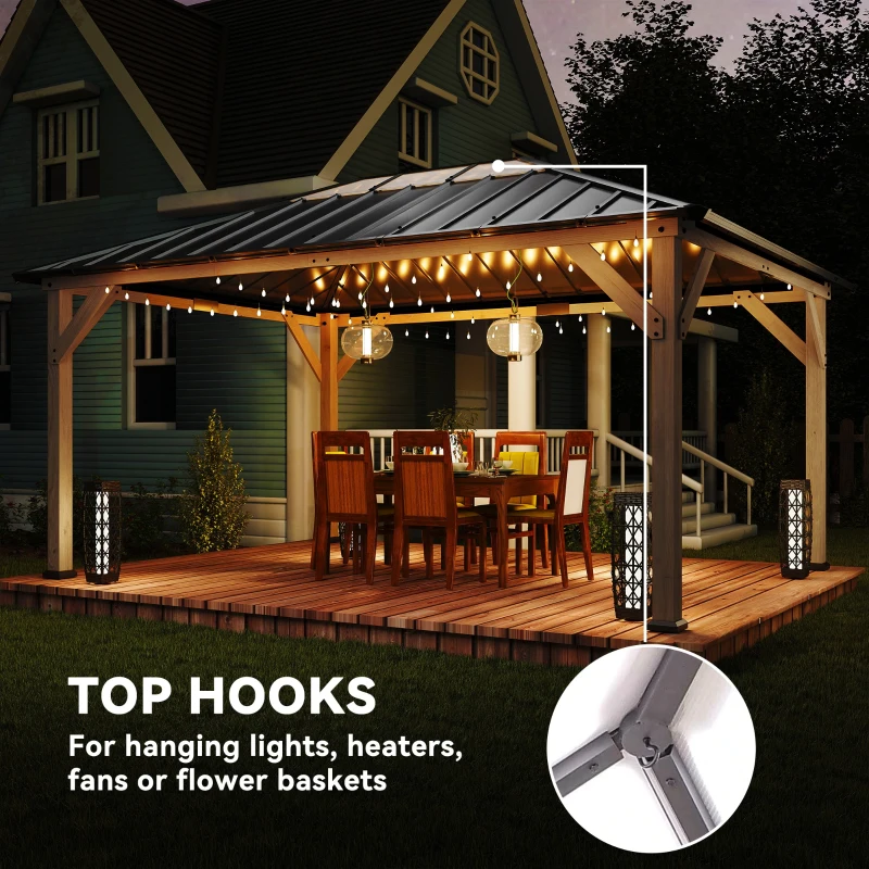 Outsunny 12' x 16' Hardtop Gazebo with Galvanized Steel Roof, UPF50+ Wood Permanent Pavilion with Clear Roof Top, Light Walnut