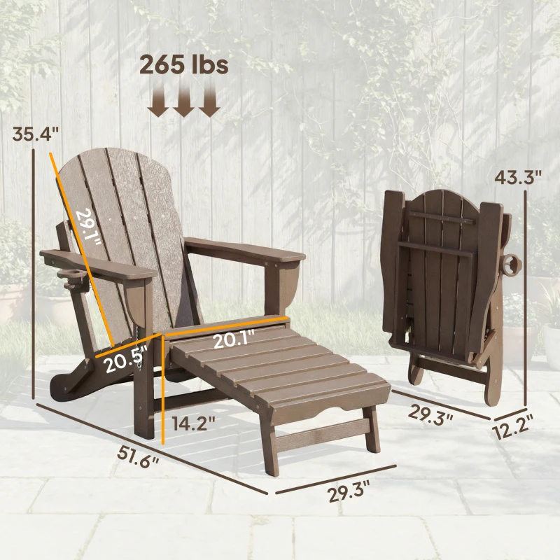 Outsunny Folding Adirondack Chair Set of 2, HDPE Fire Pit Chair with Retractable Ottoman and Cup Holder, Brown