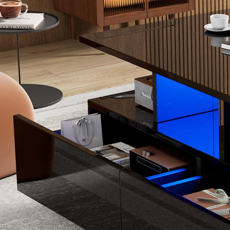 High-Gloss Coffee Table with LED Lighting and 2 Drawers, Versatile Centre Table with Open Storage, 35.5'' L x 21.5'' W x 16'' H, Black