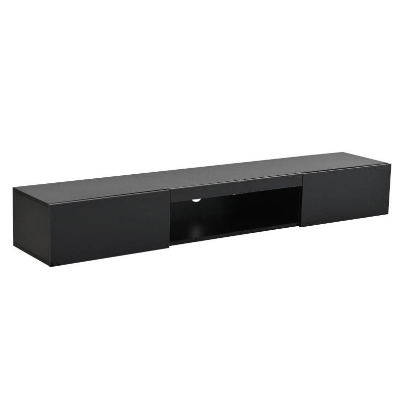 Floating TV Stand with High-Gloss Finish and LED Ambient Lighting, Sleek TV Cabinet with Pull-Down Doors, 63" L x 12" W x 8.5" H, Black