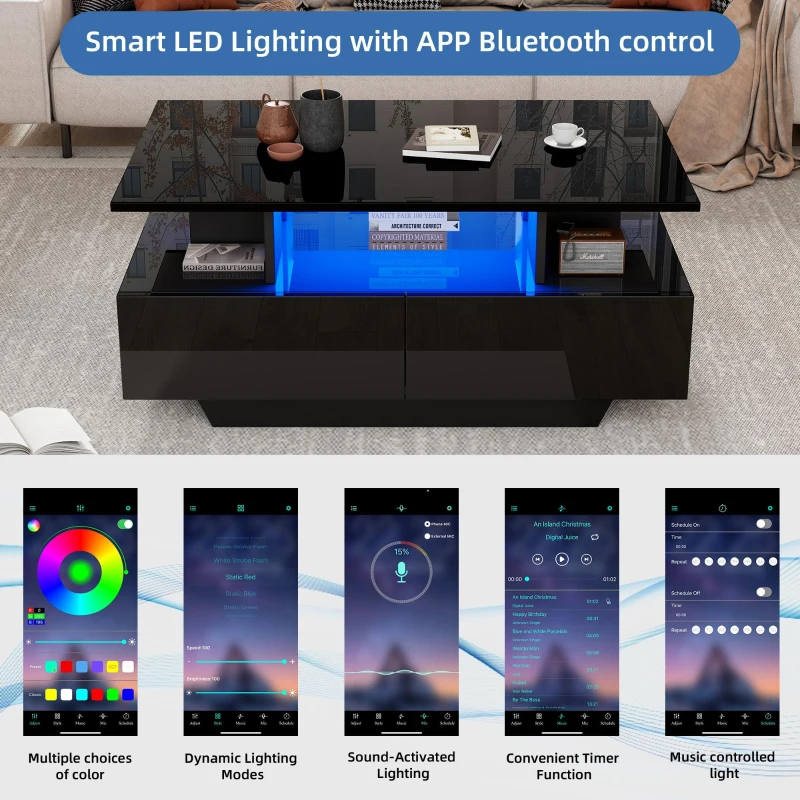 High-Gloss Coffee Table with LED Lighting and 2 Drawers, Versatile Centre Table with Open Storage, 35.5'' L x 21.5'' W x 16'' H, Black