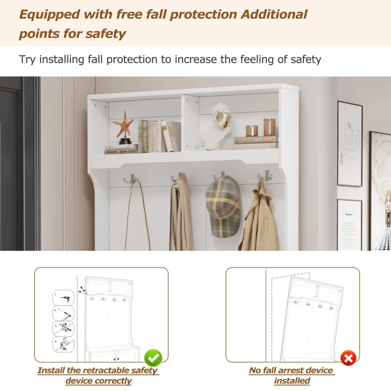 Space‑Saving Coat Rack with 4 Hooks and Top Open Shelf, Multifunctional Cabinet for Compact Homes, 40'' L x 18.5'' W x 72'' H, White