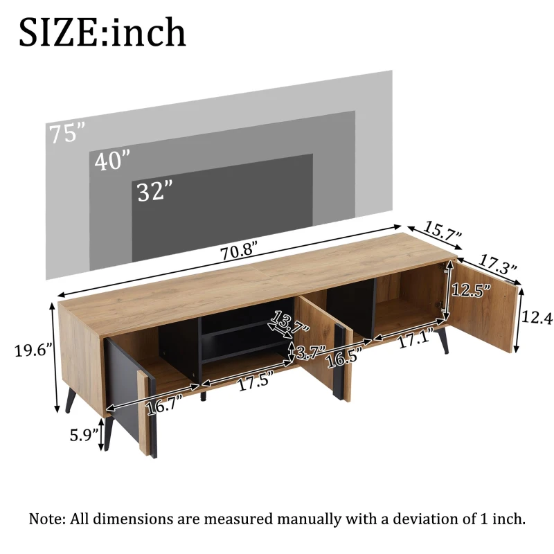 Modern TV Stand with 3 Doors and 3-Tier Open Shelving, Spacious TV Entertainment Center for Living Room, 70.5" L x 15.5" W x 19.5" H, Wood
