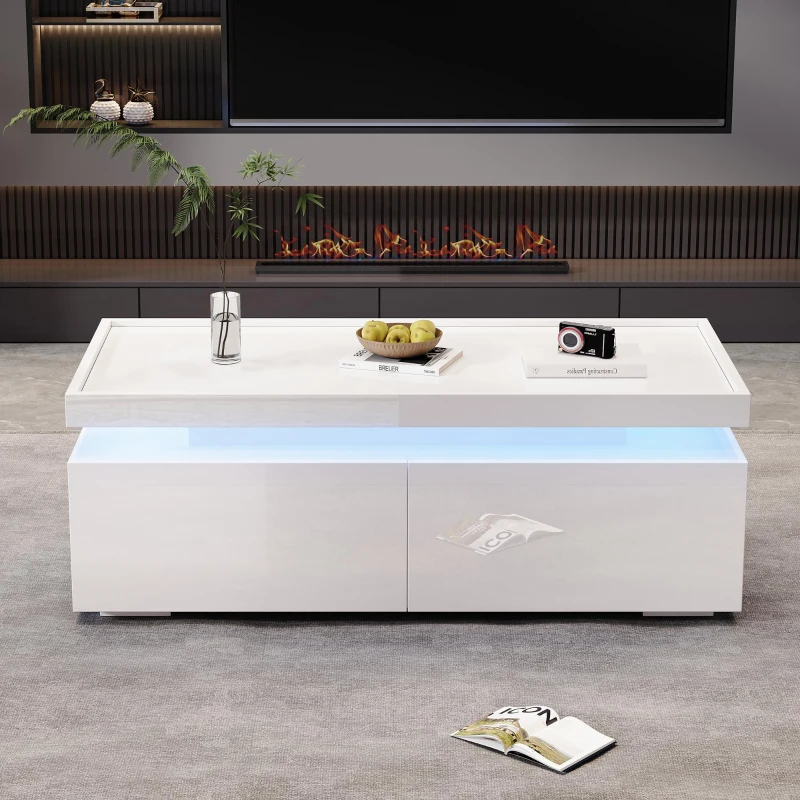 High-Gloss Coffee Table with App-Controlled LED Ambient Lighting, Functional Center Table for Living Room, 37.5" L x 17.5" W x 13.5" H, White