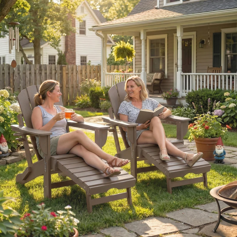 Outsunny Folding Adirondack Chair Set of 2, HDPE Fire Pit Chair with Retractable Ottoman and Cup Holder, Brown