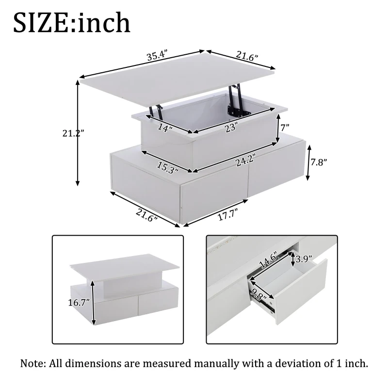 Sleek Lift-Up Coffee Table with LED Lighting and 4 Drawers, Durable Center Table for Living Room, 35.5" L x 21.5" W x 16.5" H, White
