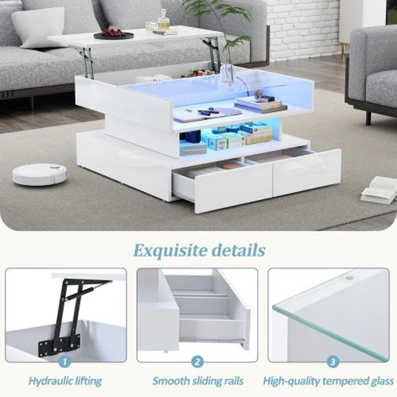 Lift-Top Coffee Table with App-Controlled LED Lighting, Space-Saving Center Table for Compact Homes, 31.5'' L x 31.5'' W x 17.5'' H, White