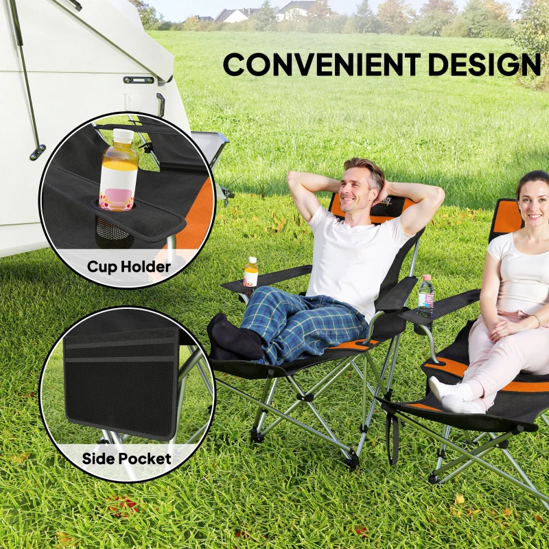 Outsunny Set of 2 Reclining Camping Chair with Foot Rest, Folding Camping Chair w/ Headrest, Cup Holder, Storage Bag, Orange