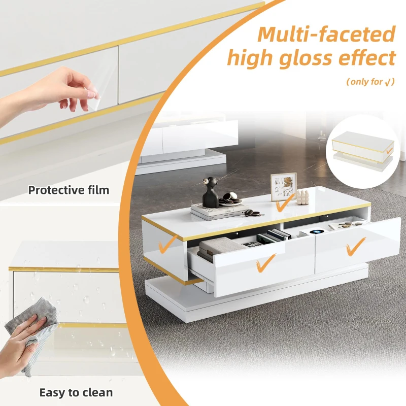 Space-Saving Coffee Table with Bottom-Slide Drawers, High-Gloss Centre Table for Living Room and Office, 39.5'' L x 19.5'' W x 15'' H, White