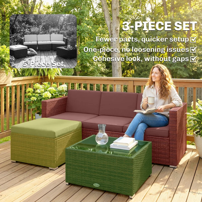 Outsunny 3 Pieces Patio Furniture Set with Cushions, Outdoor PE Rattan Wicker Conversation Corner Sofa Set, Dark Grey